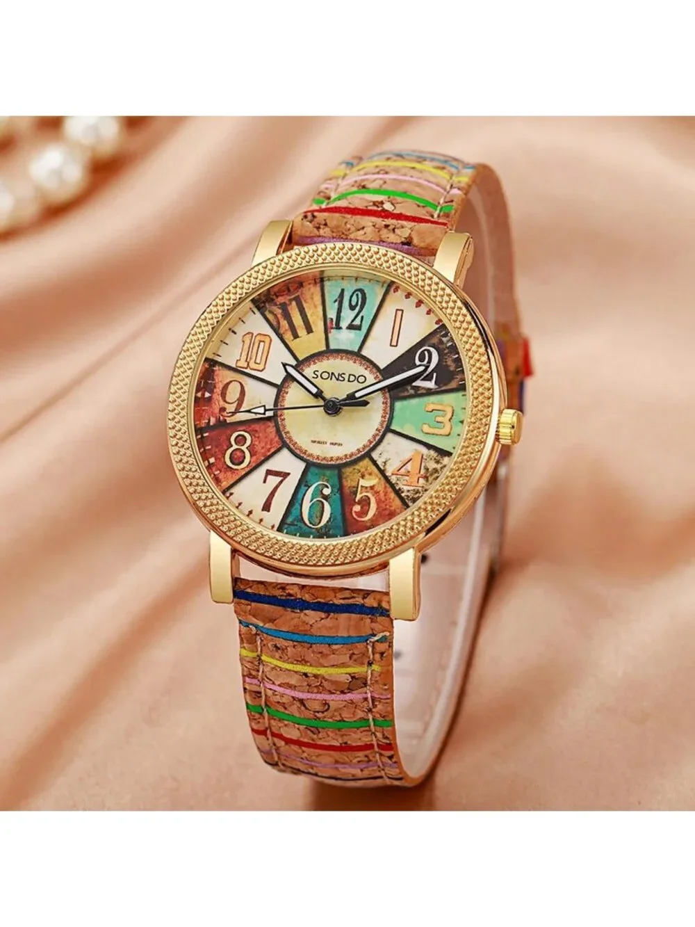 Women's Gold Creative Multicolor Woven Strap Fashion Rainbow Pattern Watches